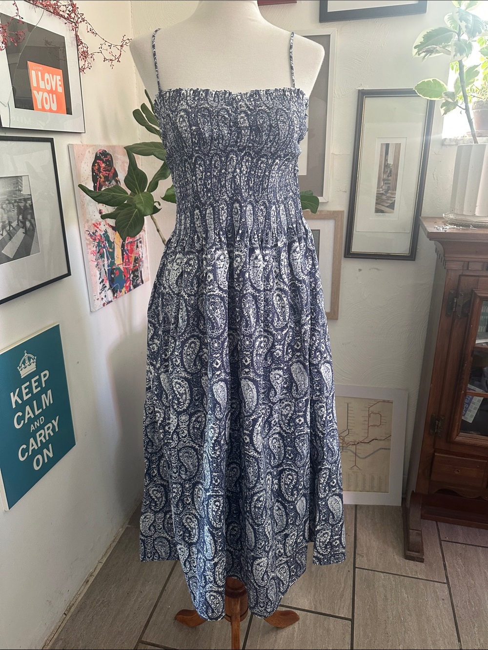 H&M Blue and White Paisley Midi Sundress Medium NWT